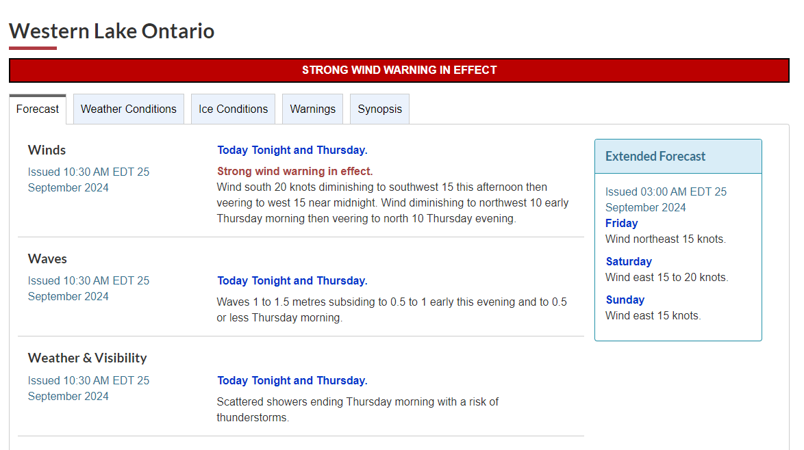 A sample Western Lake Ontario forecast